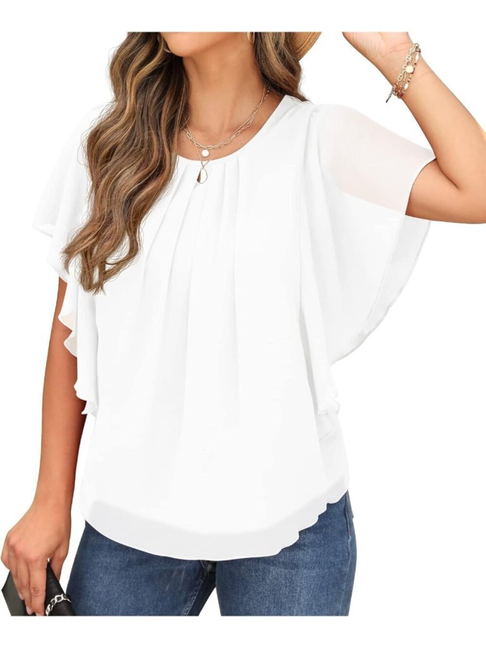 Women's Summer Casual Blouses White Loose Round Neck Chiffon Flowy Tops
